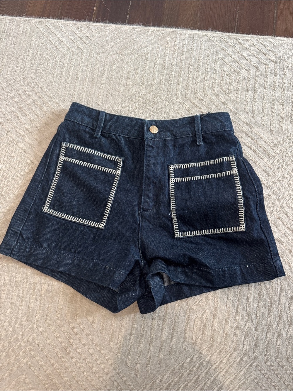 Zara Dark Blue Denim Shorts with Contrast White Stitch Pockets